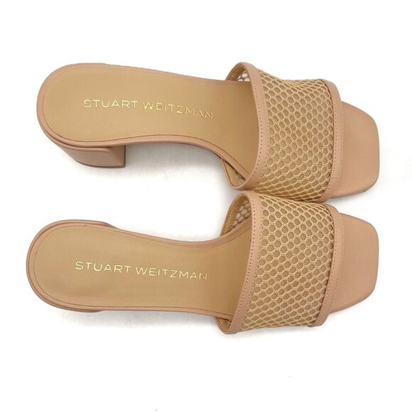 Stuart Weitzman Cayman Mesh Leather Block-Heel Mules Sand Beige Size 5.5 Sandals - Picture 11 of 16
